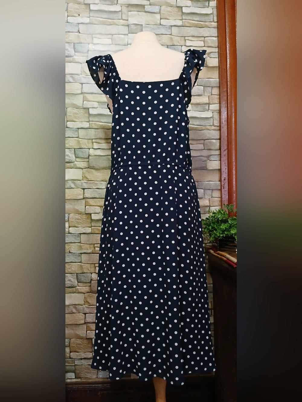 Large Chiffon Ruffle Midi Dress Navy Polka Dot - Picture 3 of 5